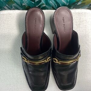 Tory Burch Black Leather Mules with Gold Accent